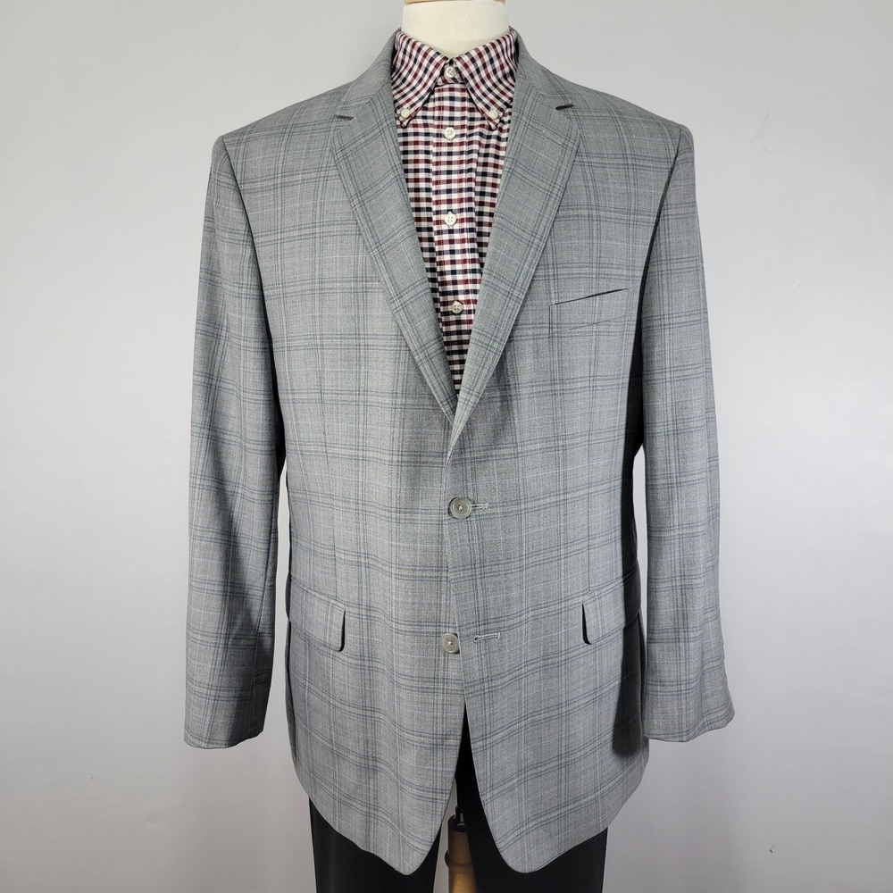 Pronto Uomo Platinum Men's Sport Coat Blazer Two Button Gray Plaid Wool Poly 48L